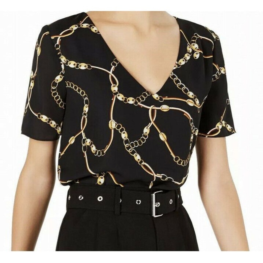 Leyden Women's Blouse Intense Black Size Med Chain Print V-Neck Pullover